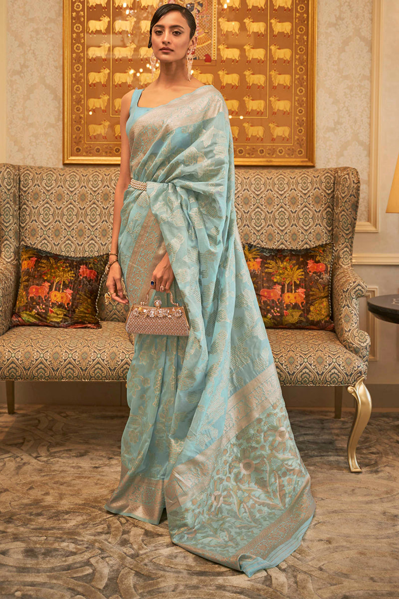 Classy Sky Cotton Silk Saree With Precious Blouse Piece