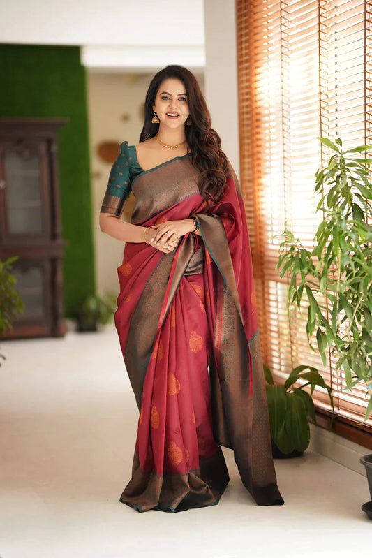 DARK RED PURE SOFT SILK SAREE WITH ATTRACTIVE BLOUSE PIECE