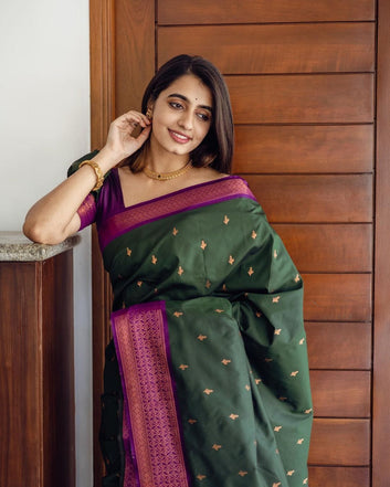 DARK GREEN PURE SOFT SILK SAREE WITH MOIETY BLOUSE PIECE