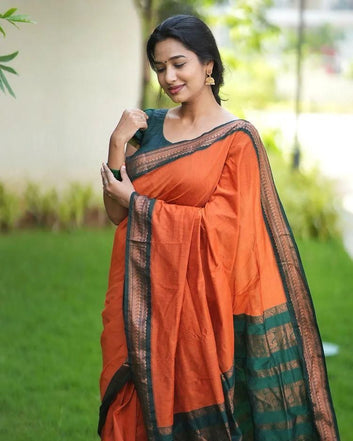 ORANGE & DARK GREEN COMBINATION PURE SOFT SEMI SILK SAREE WITH ATTRACTIVE BLOUSE PIECE