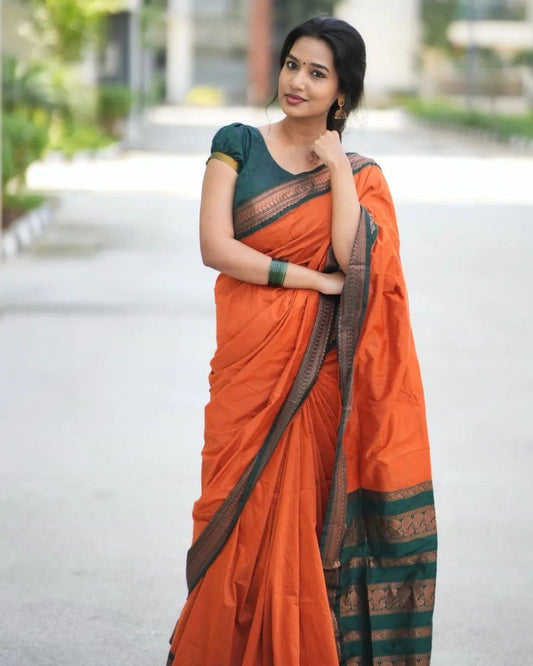 ORANGE & DARK GREEN COMBINATION PURE SOFT SEMI SILK SAREE WITH ATTRACTIVE BLOUSE PIECE