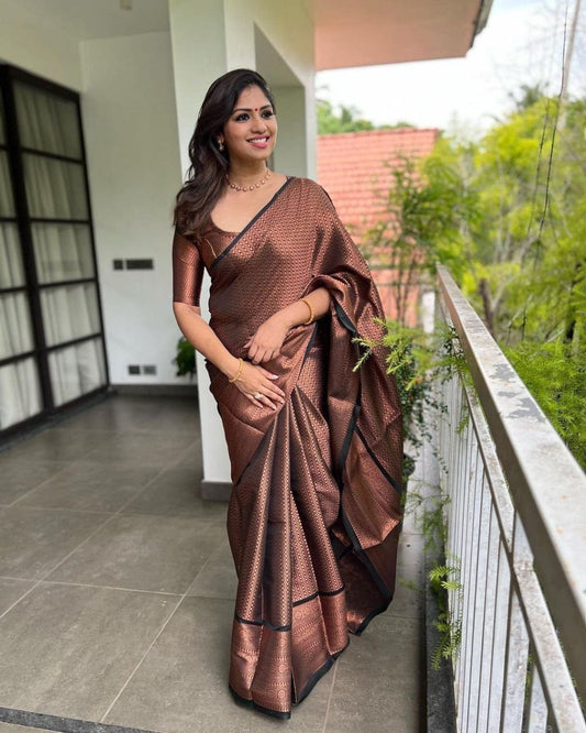 BLACK SEMI SILK SAREE WEAVED WITH COPPER ZARI WITH ATTACHED HEAVY BROCADE BLOUSE