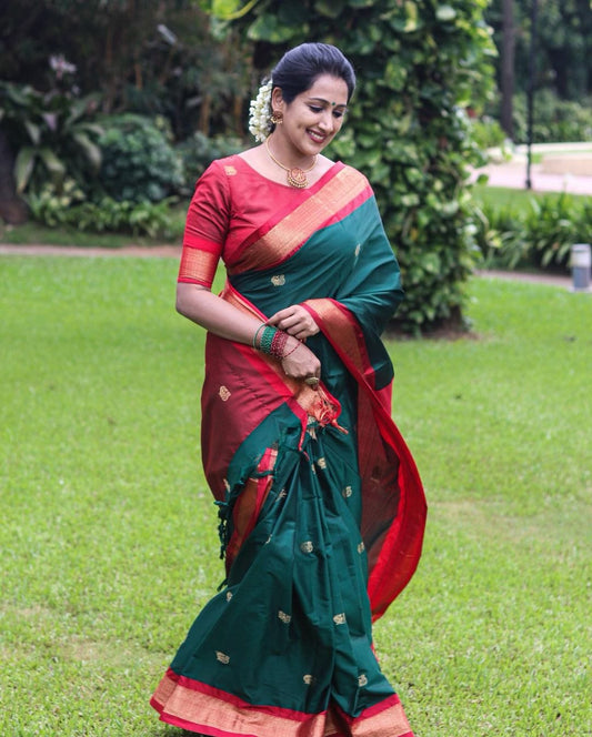 SYMMETRICAL RAMA & GAJRI PURE SOFT SILK SAREE WITH ENGROSSING BLOUSE PIECE