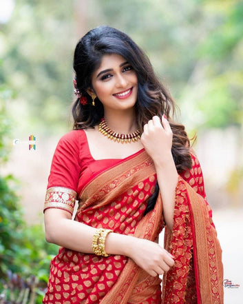 RED SEMI SILK SAREE WEAVED WITH GOLDEN ZARI WITH ATTACHED HEAVY BROCADE BLOUSE