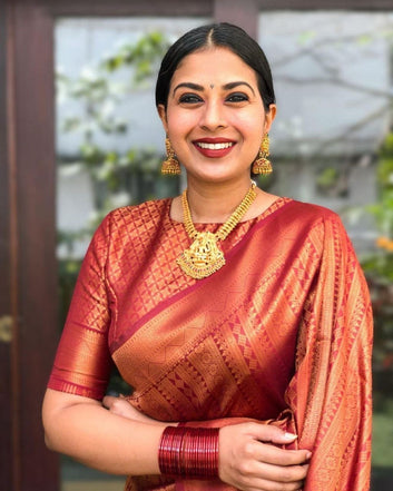 MAROON SEMI SILK SAREE WEAVED WITH COPPER ZARI WITH ATTACHED HEAVY BROCADE BLOUSE