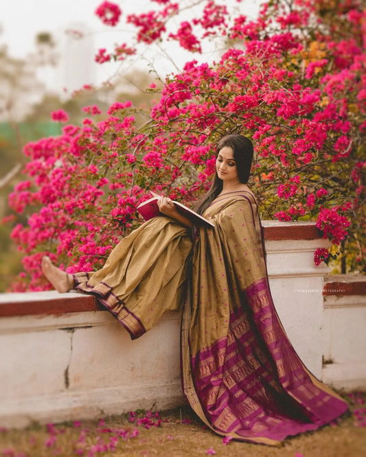 CHICKOO WITH PURPLE PURE SOFT SEMI SILK SAREE WITH ATTRACTIVE BLOUSE PIECE