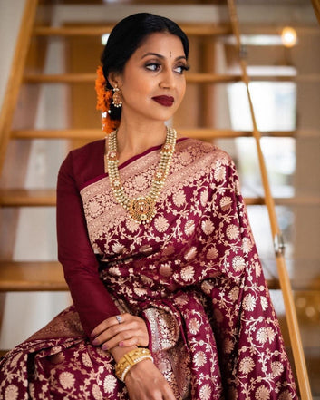 MAROON SEMI SILK SAREE WEAVED WITH GOLDEN ZARI WITH ATTACHED HEAVY BROCADE BLOUSE