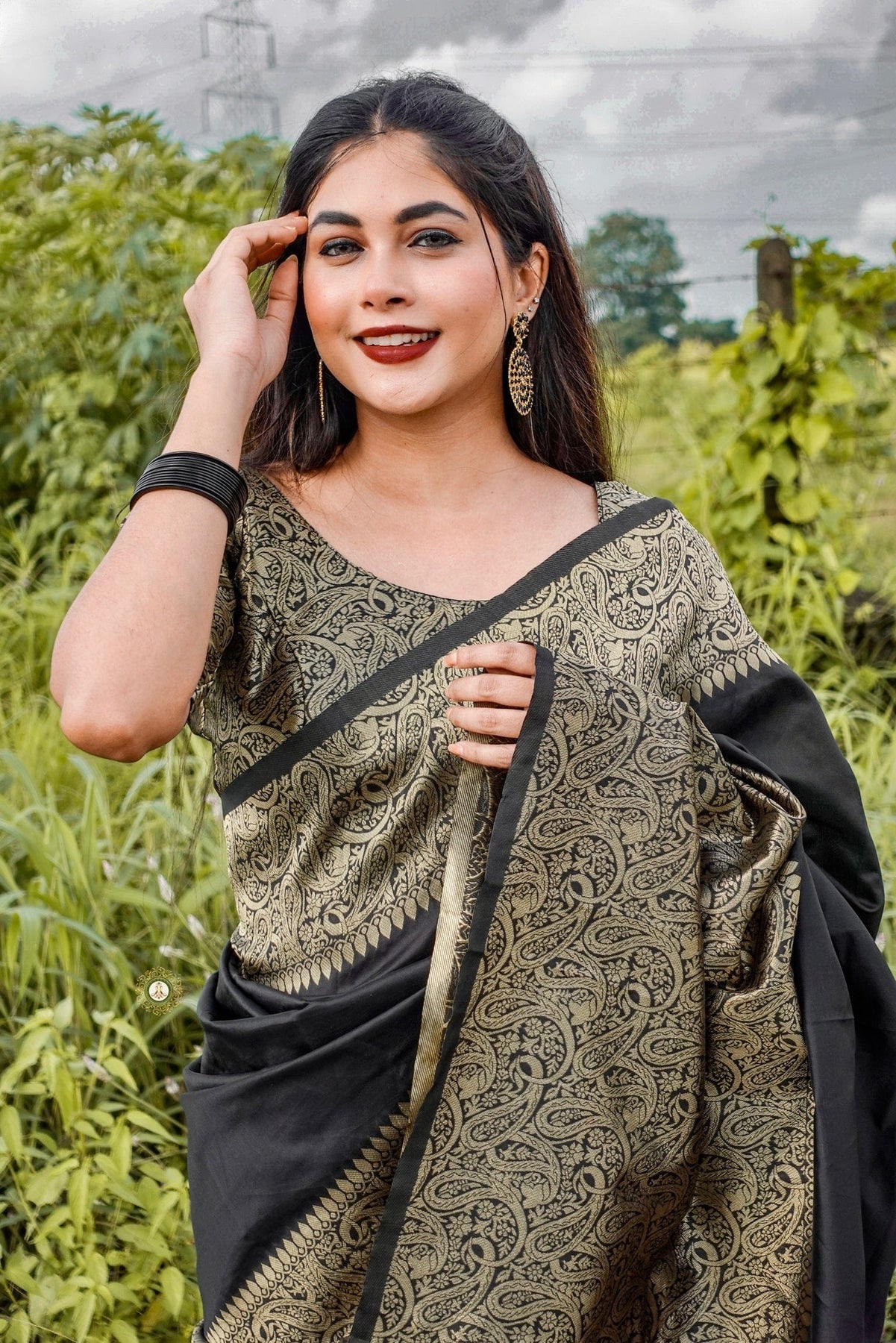 BLACK SEMI SILK SAREE WEAVED WITH GOLDEN ZARI WITH ATTACHED HEAVY BROCADE BLOUSE