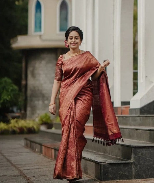 PHENOMENAL MAROON PURE SOFT SILK SAREE WITH IMBRICATION BLOUSE PIECE