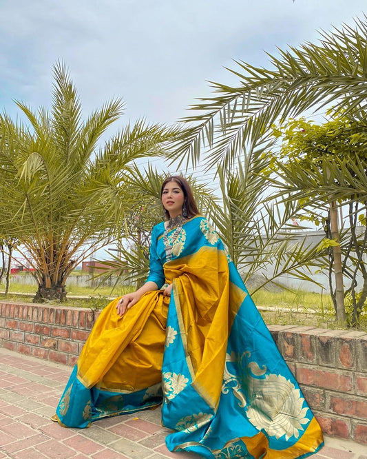 RAMA WITH LIGHT YELLOW SEMI SILK SAREE WEAVED WITH GOLDEN ZARI WITH ATTACHED HEAVY BROCADE BLOUSE