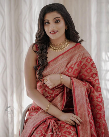 RED SEMI SILK SAREE WEAVED WITH GOLDEN ZARI WITH ATTACHED HEAVY BROCADE BLOUSE