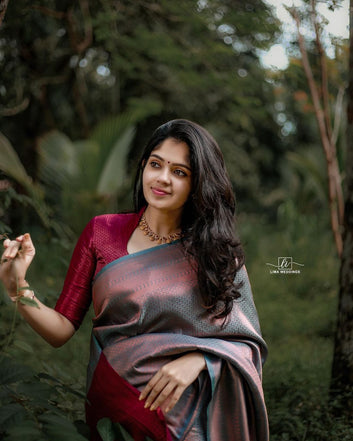 DARK FIROZI SAREE WITH MAROON COMBINATION COMES WITH ATTACHED BLOUSE