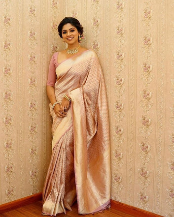 SYMMETRICAL BABY PINK PURE SOFT SILK SAREE WITH ENGROSSING BLOUSE PIECE