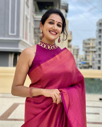PURPLE SEMI SILK SAREE WEAVED WITH COPPER ZARI WITH ATTACHED HEAVY BROCADE BLOUSE