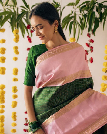 GREEN SEMI SILK SAREE WEAVED WITH GOLDEN ZARI WITH ATTACHED HEAVY BROCADE BLOUSE