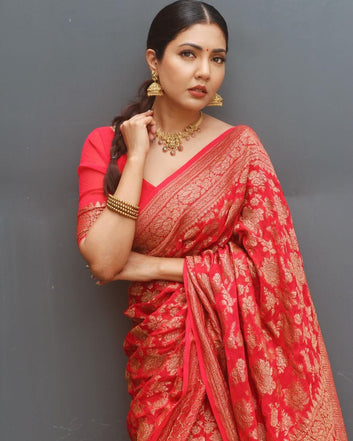 QUINTESSENTIAL RED PURE SOFT BANARASI SILK SAREE WITH MAGNIFIC BLOUSE PIECE