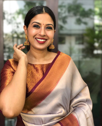 CREAM & MAROON PURE SOFT SILK SAREE WITH TWIRLING BLOUSE PIECE