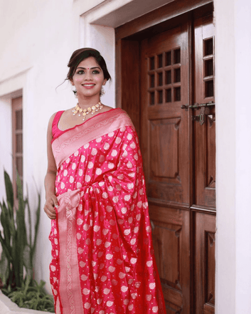 TOMATO RED PURE SEMI SILK SAREE WEAVED WITH SILVER ZARI.