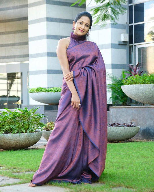 SYMMETRICAL BLUE PURE SOFT SILK SAREE WITH ENGROSSING BLOUSE PIECE