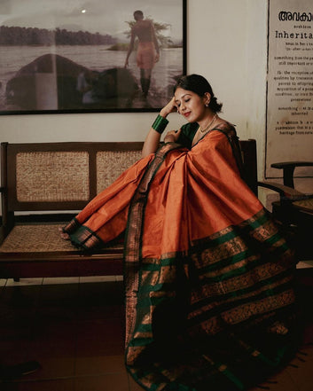 ORANGE & DARK GREEN COMBINATION PURE SOFT SEMI SILK SAREE WITH ATTRACTIVE BLOUSE PIECE