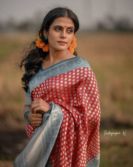 QUINTESSENTIAL RED PURE SOFT SILK SAREE WITH MAGNIFIC BLOUSE PIECE