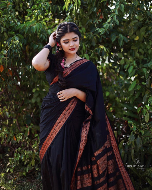BLACK PURE SOFT SEMI SILK SAREE WITH ATTRACTIVE BLOUSE PIECE