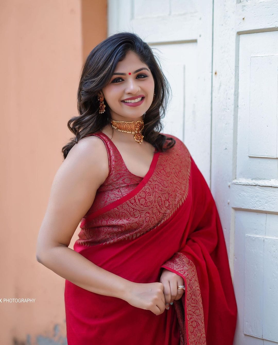 RED SEMI SILK SAREE WEAVED WITH GOLDEN ZARI WITH ATTACHED HEAVY BROCADE BLOUSE