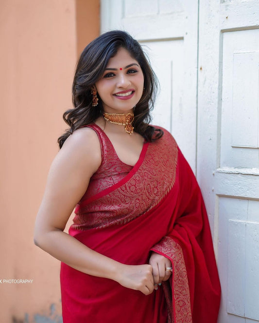 RED SEMI SILK SAREE WEAVED WITH GOLDEN ZARI WITH ATTACHED HEAVY BROCADE BLOUSE