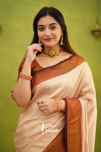 CREAM & MAROON PURE SOFT SILK SAREE WITH TWIRLING BLOUSE PIECE