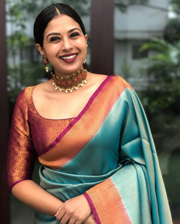 RAMA & MAROON PURE SOFT SILK SAREE WITH TWIRLING BLOUSE PIECE