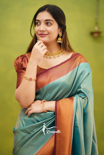 RAMA & MAROON PURE SOFT SILK SAREE WITH TWIRLING BLOUSE PIECE