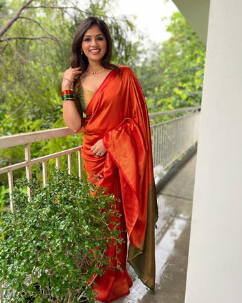 ORANGE & GREEN PURE SOFT SILK SAREE WITH ATTRACTIVE BLOUSE PIECE