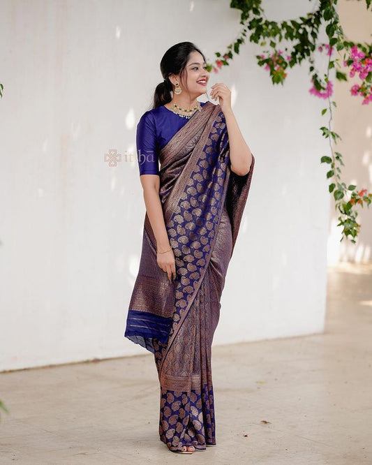 NAVY BLUE PURE SOFT SEMI-SILK SAREE STYLISH BLOUSE PIECE