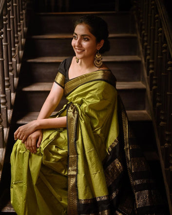 LIGHT GREEN & BLACK COMBINATION PURE SOFT SEMI SILK SAREE WITH ATTRACTIVE BLOUSE PIECE