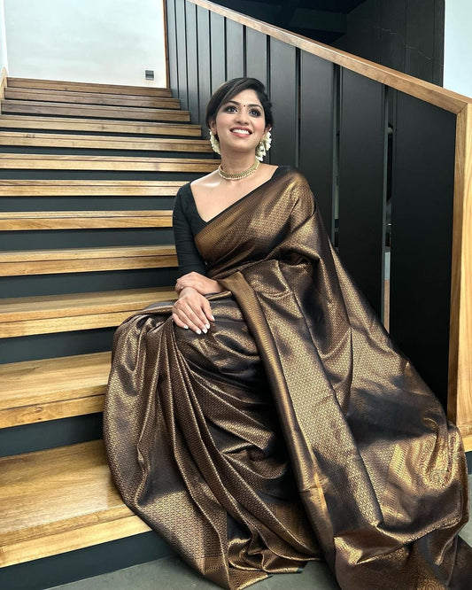 BLACK PURE SOFT SILK SAREE WEAVED WITH COPPER ZARI COMES WITH TEMPTING HEAVY BROCADE BLOUSE PIECE