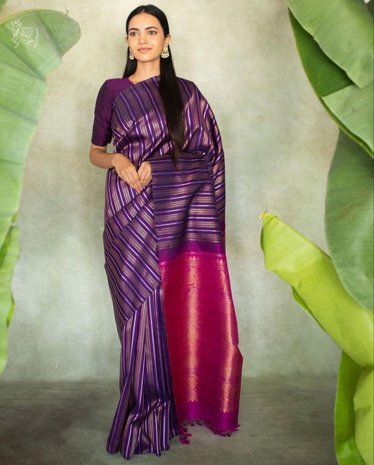 PURPLE SEMI SILK SAREE WEAVED WITH GOLDEN & COPPER ZARI WITH ATTACHED HEAVY BROCADE BLOUSE