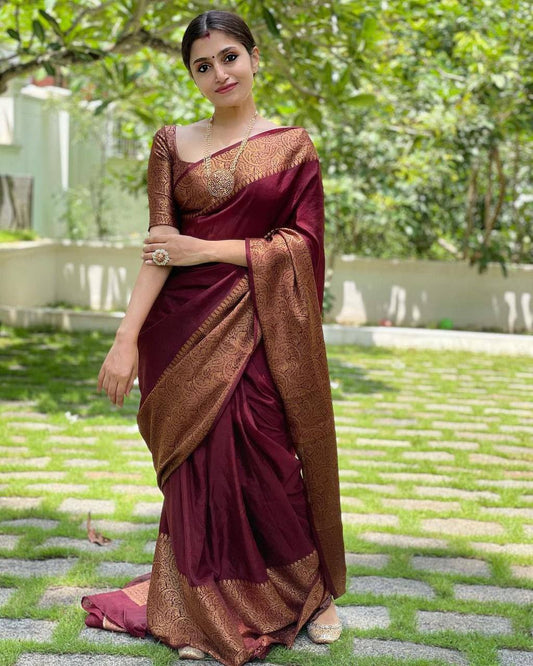 MAROON SEMI SILK SAREE WEAVED WITH GOLDEN ZARI WITH ATTACHED HEAVY BROCADE BLOUSE