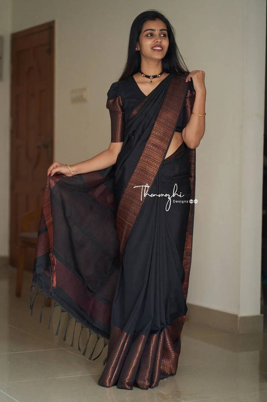 BLACK SEMI SILK SAREE WEAVED WITH COPPER ZARI WITH ATTACHED HEAVY BROCADE BLOUSE