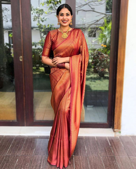 MAROON SEMI SILK SAREE WEAVED WITH COPPER ZARI WITH ATTACHED HEAVY BROCADE BLOUSE