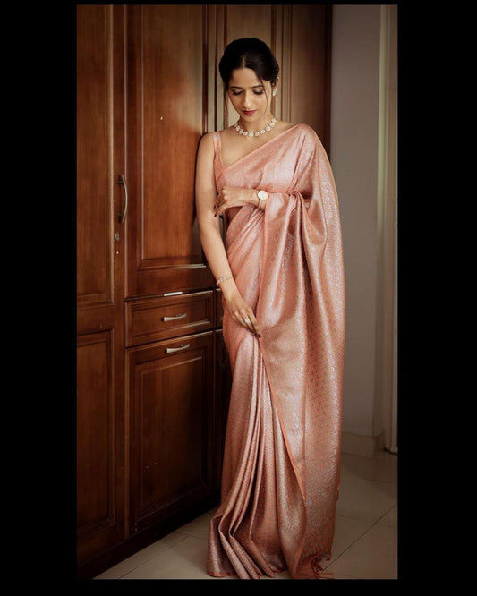 PEACH SEMI SILK SAREE WEAVED WITH SILVER ZARI WITH ATTACHED HEAVY BROCADE BLOUSE