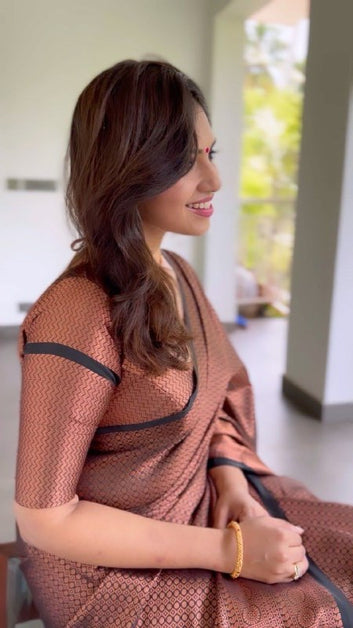 BLACK SEMI SILK SAREE WEAVED WITH COPPER ZARI WITH ATTACHED HEAVY BROCADE BLOUSE