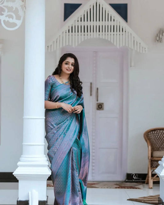 FIROZI SEMI SILK SAREE WEAVED WITH COPPER ZARI WITH ATTACHED HEAVY BROCADE BLOUSE