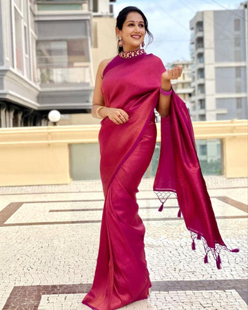 PURPLE SEMI SILK SAREE WEAVED WITH COPPER ZARI WITH ATTACHED HEAVY BROCADE BLOUSE