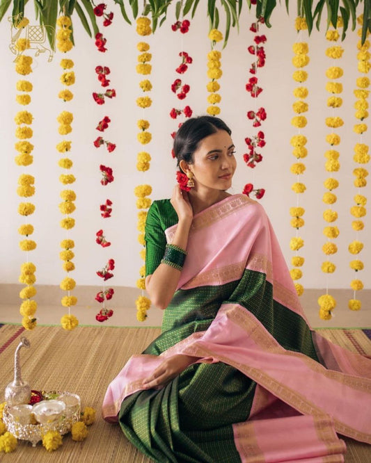 GREEN SEMI SILK SAREE WEAVED WITH GOLDEN ZARI WITH ATTACHED HEAVY BROCADE BLOUSE