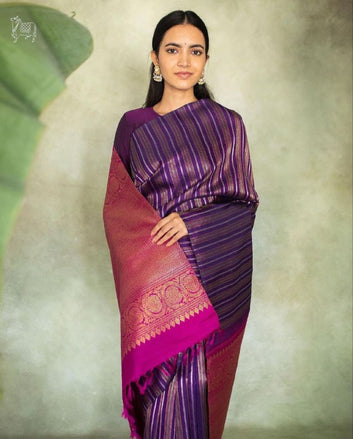 PURPLE SEMI SILK SAREE WEAVED WITH GOLDEN & COPPER ZARI WITH ATTACHED HEAVY BROCADE BLOUSE