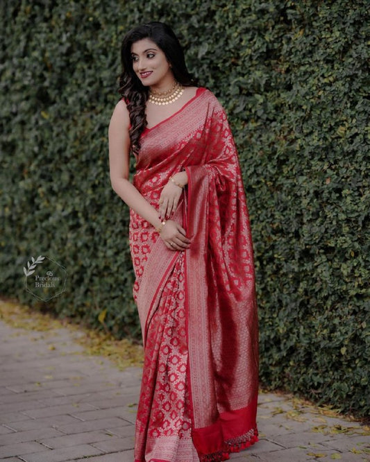 RED SEMI SILK SAREE WEAVED WITH GOLDEN ZARI WITH ATTACHED HEAVY BROCADE BLOUSE
