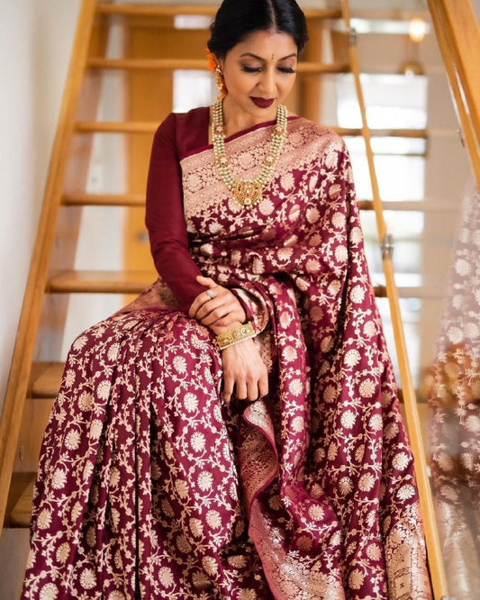 MAROON SEMI SILK SAREE WEAVED WITH GOLDEN ZARI WITH ATTACHED HEAVY BROCADE BLOUSE