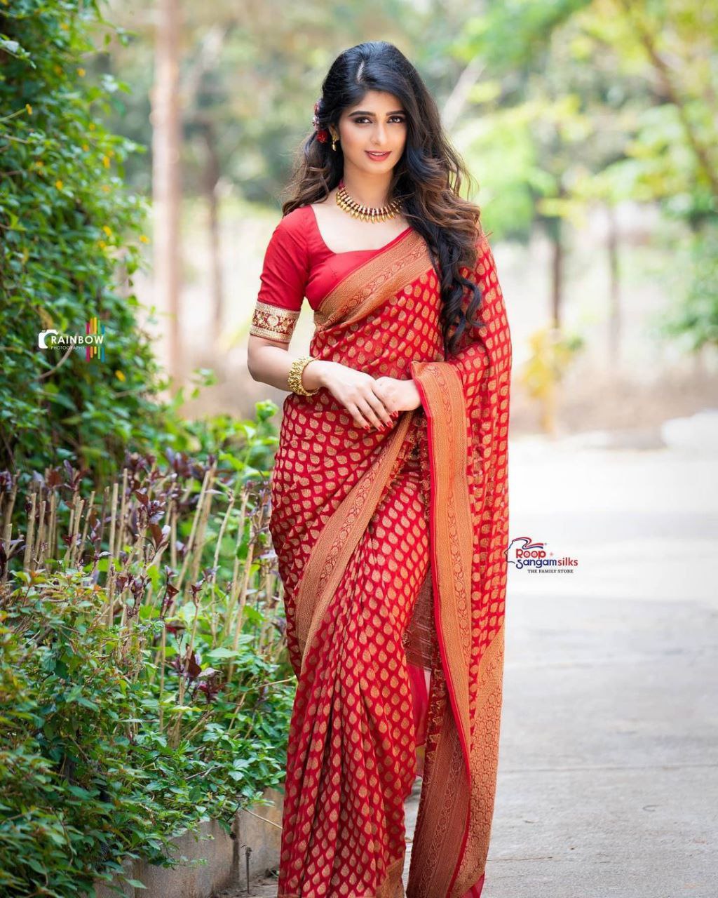 RED SEMI SILK SAREE WEAVED WITH GOLDEN ZARI WITH ATTACHED HEAVY BROCADE BLOUSE