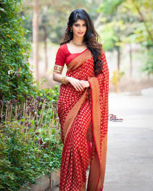 RED SEMI SILK SAREE WEAVED WITH GOLDEN ZARI WITH ATTACHED HEAVY BROCADE BLOUSE