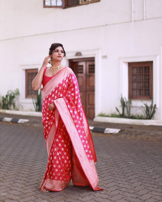 TOMATO RED PURE SEMI SILK SAREE WEAVED WITH SILVER ZARI.